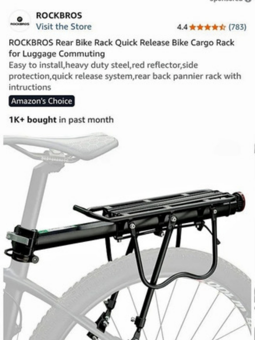 ROCKBROS Rear Bike Rack Quick Release Bike Cargo Rack Black - Picture 5 of 5